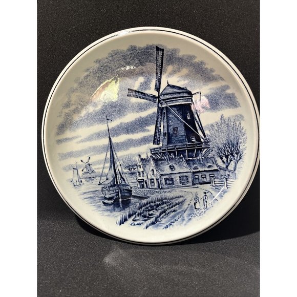 Delfts by Boch Belgium  6.5" Blue Plate Sailboat Windmill - Picture 1 of 2
